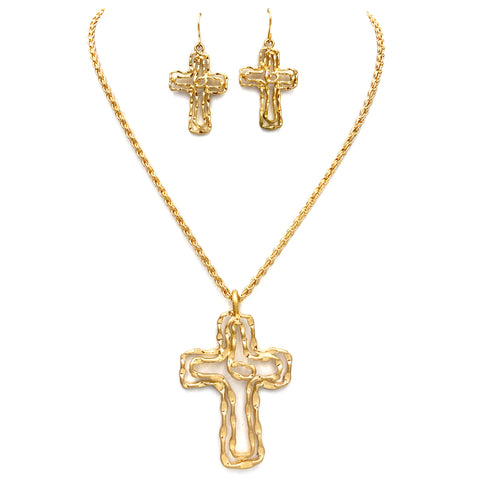 Hammered Cross Wire Necklace Earring Set