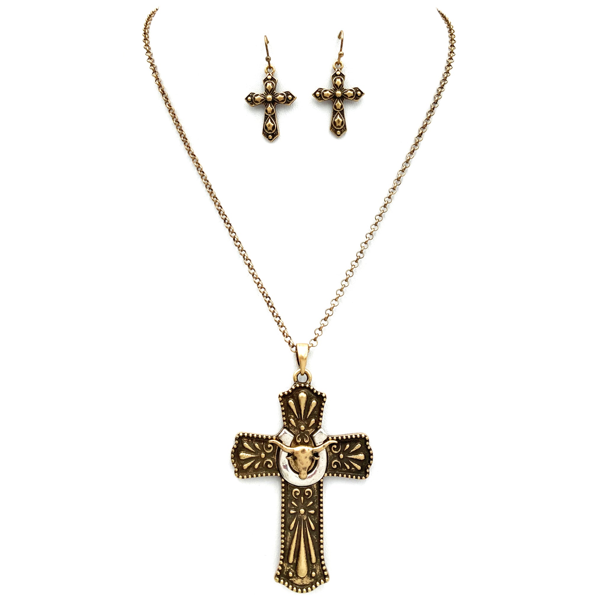 Longhorn Horseshoe Cross Gold Western Necklace Earring Set