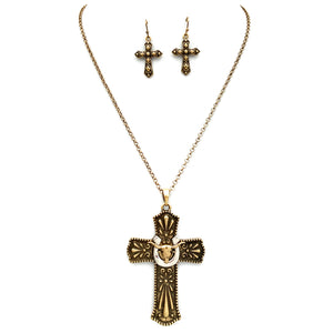 Longhorn Horseshoe Cross Gold Western Necklace Earring Set