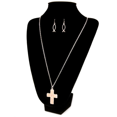 15" Cross Ichthys Ribbon Long Necklace Earring Set