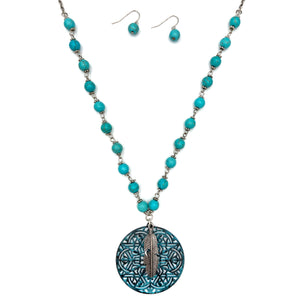 Feather Turquoise Beads Patina Medallion Long Necklace