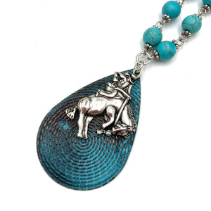 Cowboy Horse Rider Turquoise Beads Patina Teardrop Pendant Long Necklace