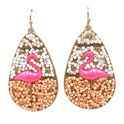 Pink Flamingo Seed Bead Gold Earrings