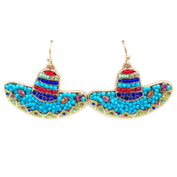 Sombrero Mexican Fiesta Hat Seed Bead Gold Earrings