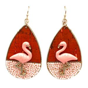 Red Pink Flamingo Seed Bead Gold Earrings