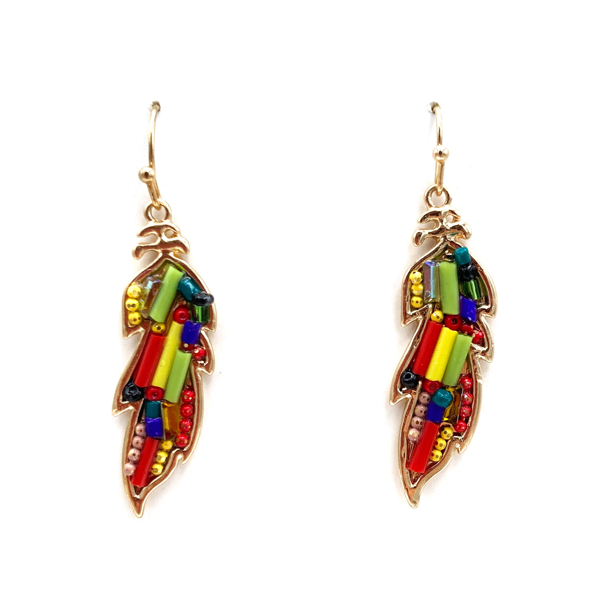 Colorful Bead Feather Leaf Gold Earring