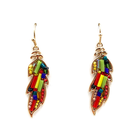 Colorful Bead Feather Leaf Gold Earring