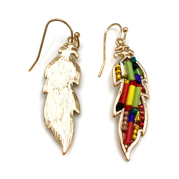 Colorful Bead Feather Leaf Gold Earring