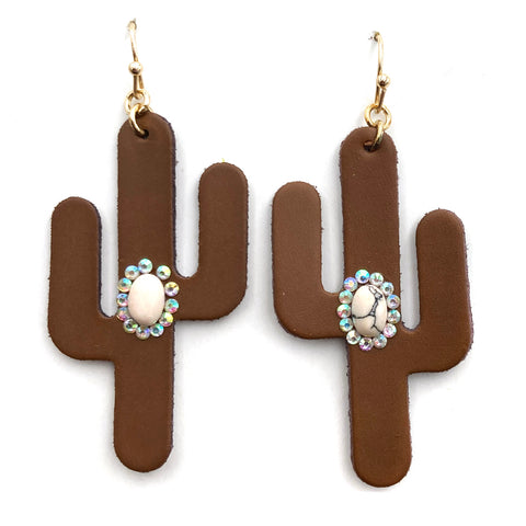 Stone Rhinestone Brown Leather Cactus Earring