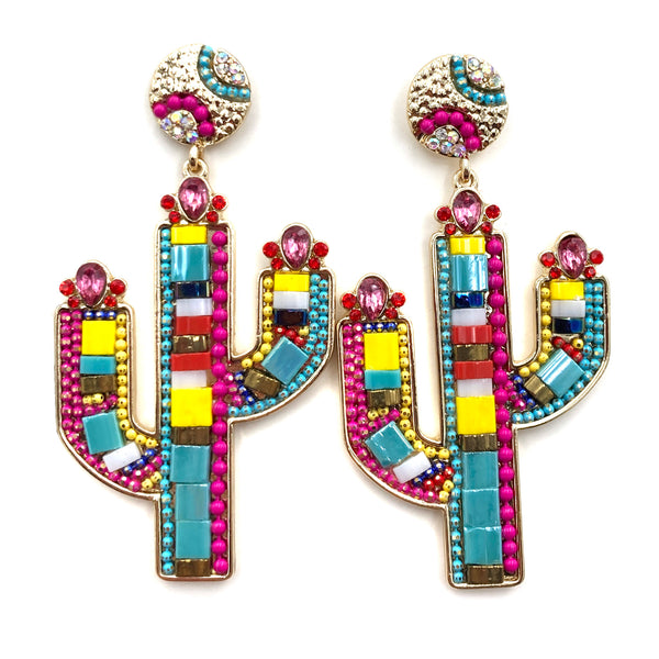 Huge Colorful Beaded Rhinestone Bling Cactus Baseball Stud Earring