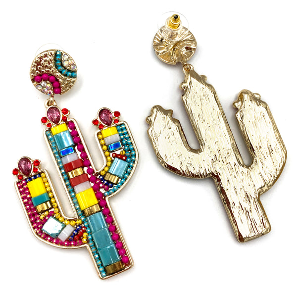 Huge Colorful Beaded Rhinestone Bling Cactus Baseball Stud Earring