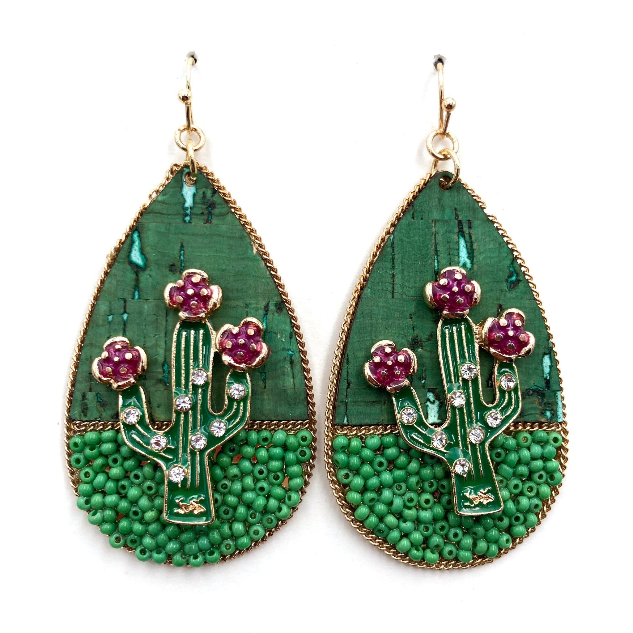 Cactus Flower Green Seed Bead Gold Earrings