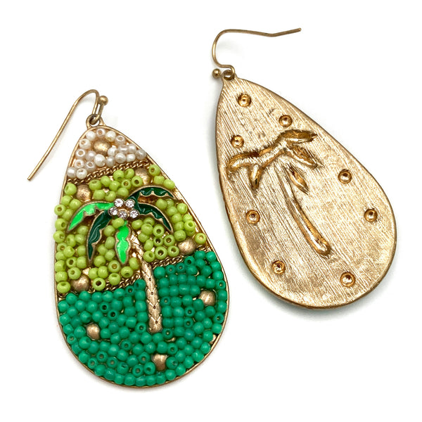 Palm Tree Beach Summer Green Seed Bead Gold Earrings