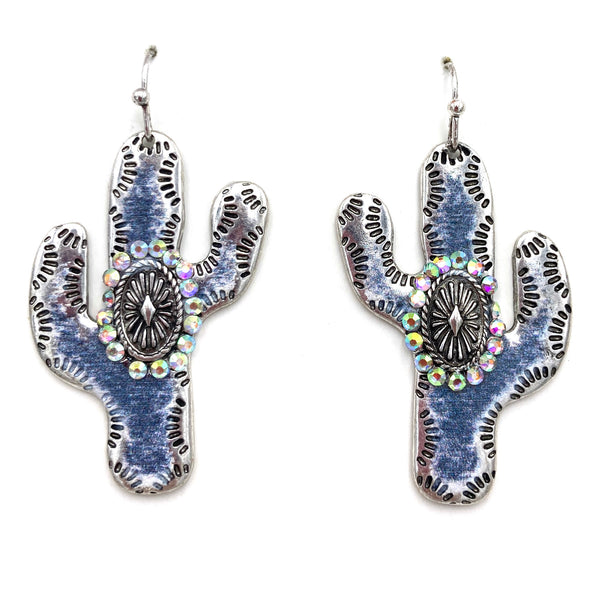 Western Silver White Cactus Rhinestone Hook Earrings