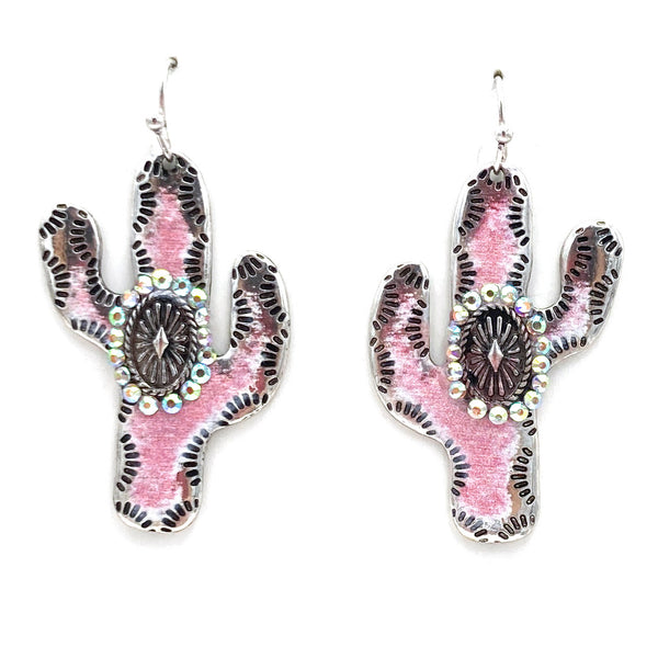 Western Silver White Cactus Rhinestone Hook Earrings