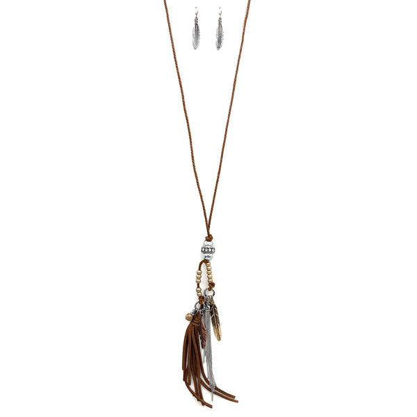 Feather Charms Chain Tassel Rope Necklace