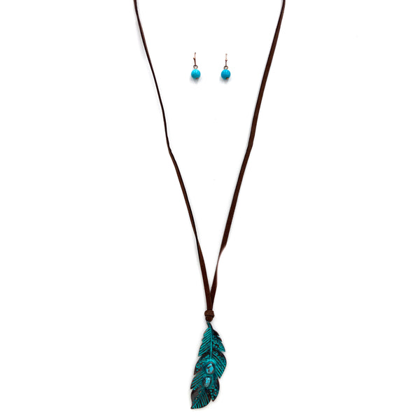 Feather Turquoise Stone Pendant Long Suede Necklace