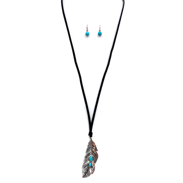 Feather Turquoise Stone Pendant Long Suede Necklace