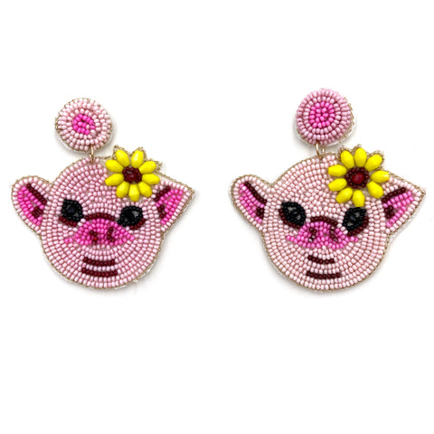 Farm Animal Pink Pig Sunflower Seed Bead Post Dangle Earring