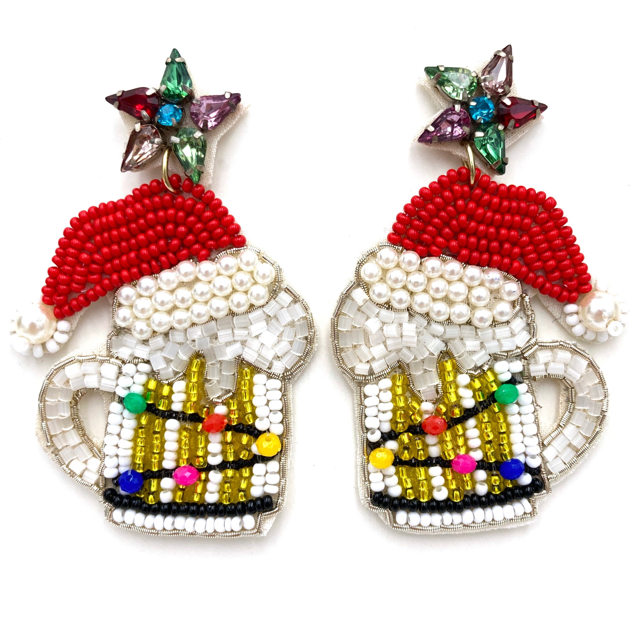 Christmas Santa Hat Beer Mug Party Seed Bead Post Dangle Earring