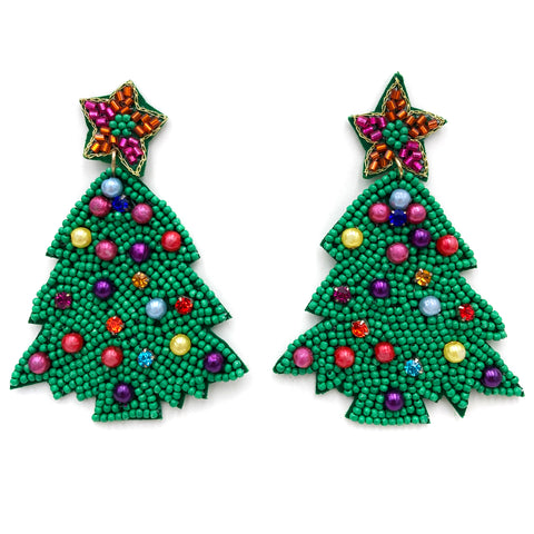 Christmas Tree Star Pearl Ornaments Seed Bead Post Dangle Earrings