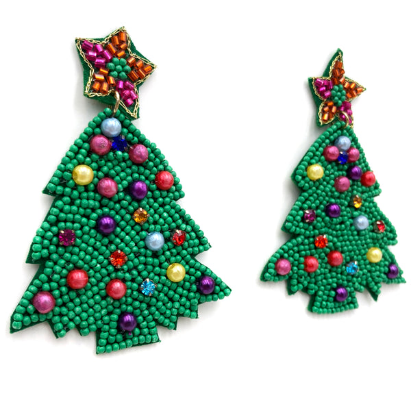 Christmas Tree Star Pearl Ornaments Seed Bead Post Dangle Earrings