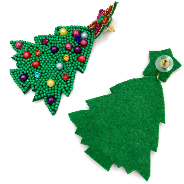 Christmas Tree Star Pearl Ornaments Seed Bead Post Dangle Earrings