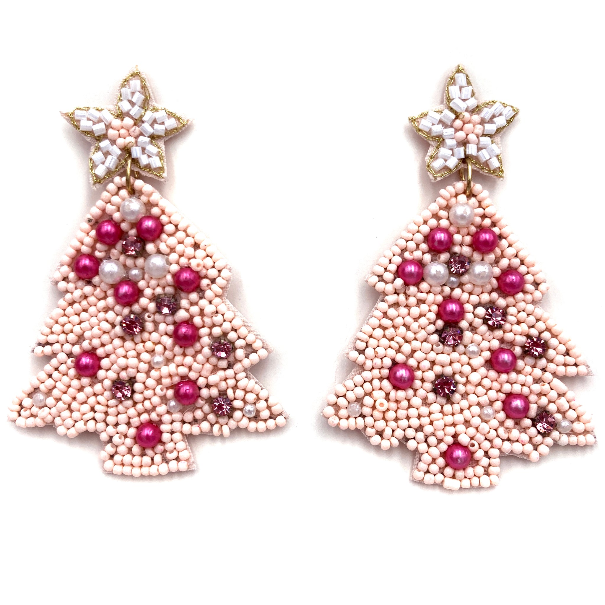 Christmas Tree Star Pearl Ornaments Seed Bead Post Dangle Earrings