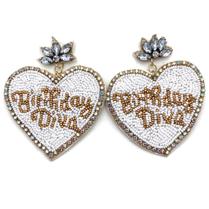 Birthday Diva Heart Rhinestone Seed Bead Post Dangle Earring