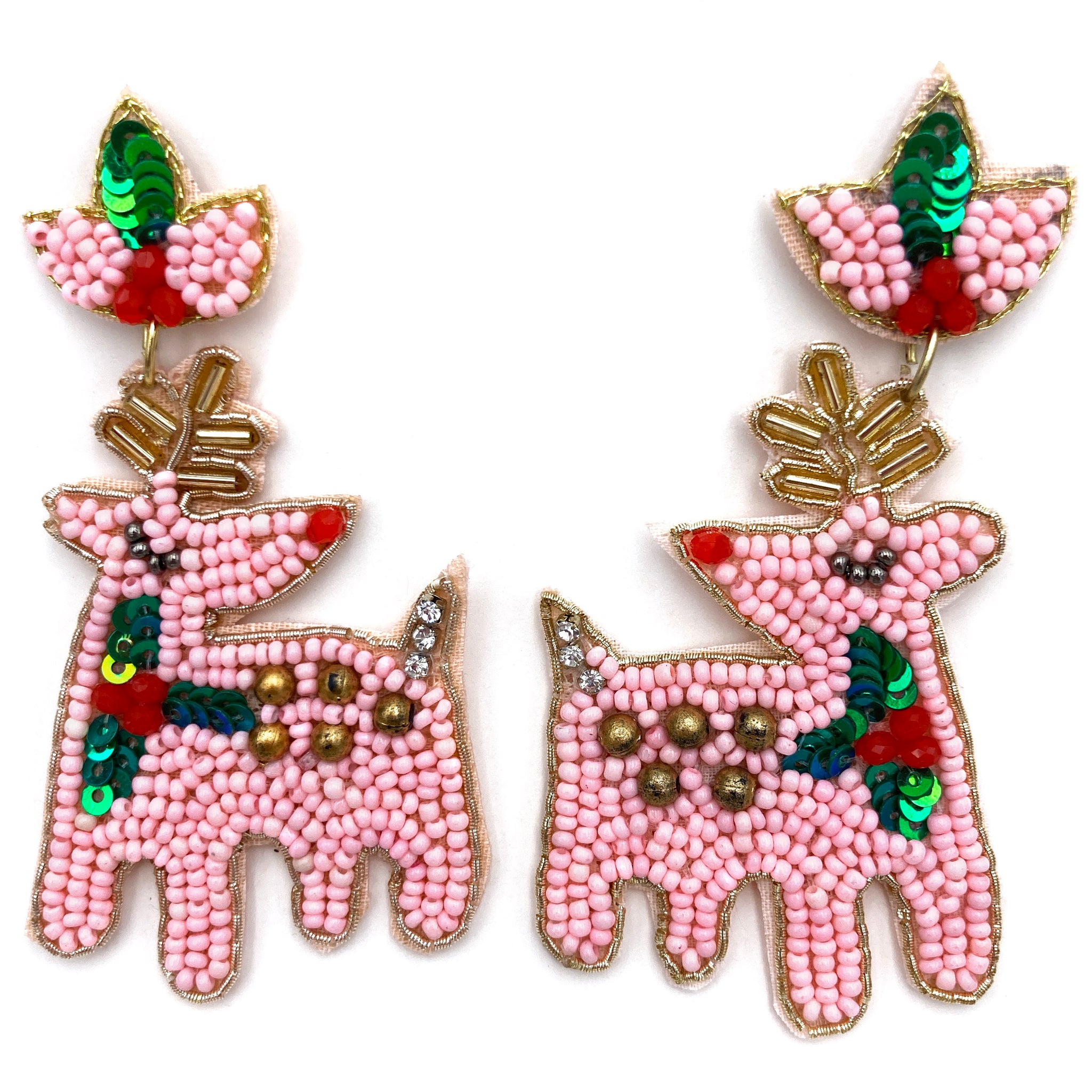 Christmas Reindeer Pink Seed Bead Post Dangle Earring