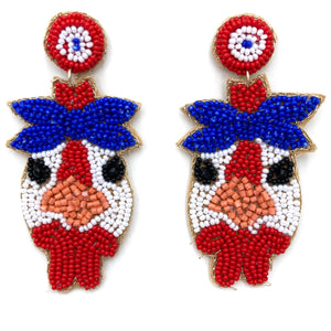 Farm Animal Chicken Head Seed Bead Post Dangle Earring