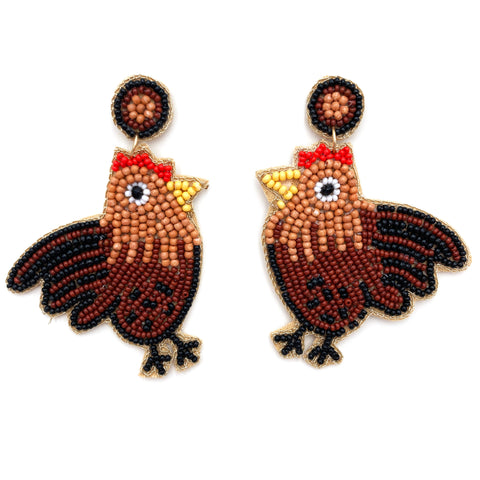 Farm Animal Chicken Rooster Hen Seed Bead Post Dangle Earring