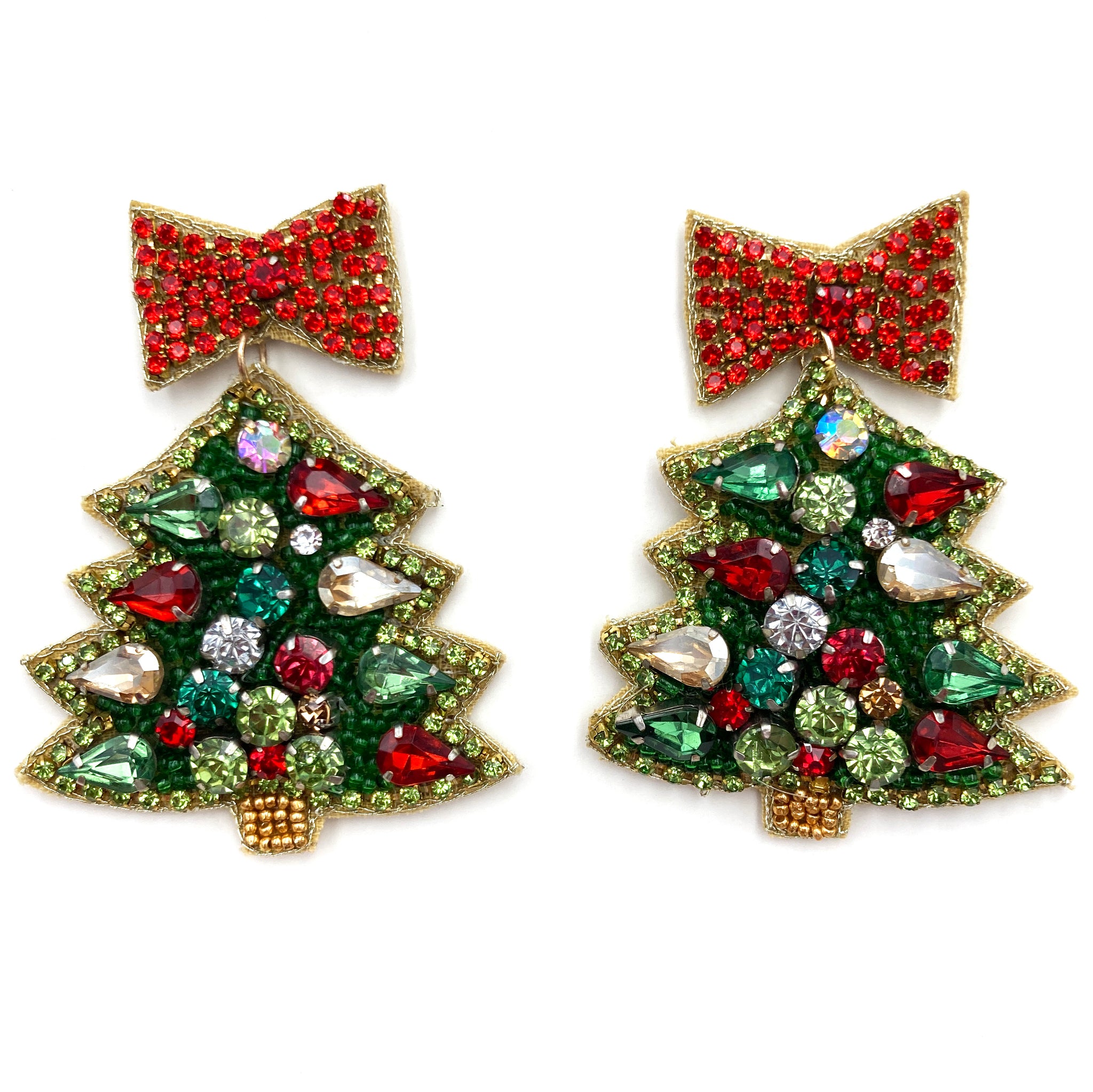 Christmas Tree Rhinestone Jewel Ribbon Seed Bead Post Dangle Earring