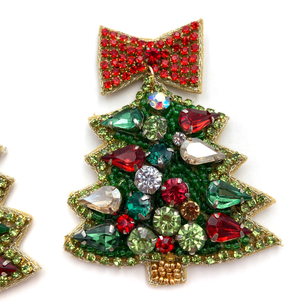 Christmas Tree Rhinestone Jewel Ribbon Seed Bead Post Dangle Earring