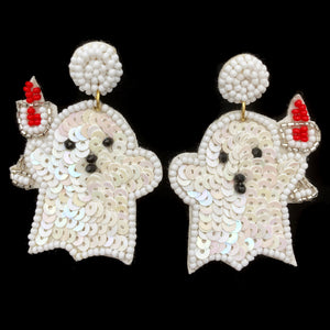 Halloween Ghost White Sequin Seed Bead Post Dangle Earring