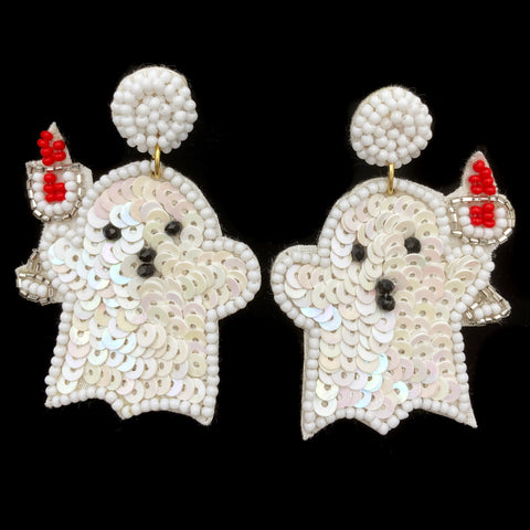 Halloween Ghost White Sequin Seed Bead Post Dangle Earring