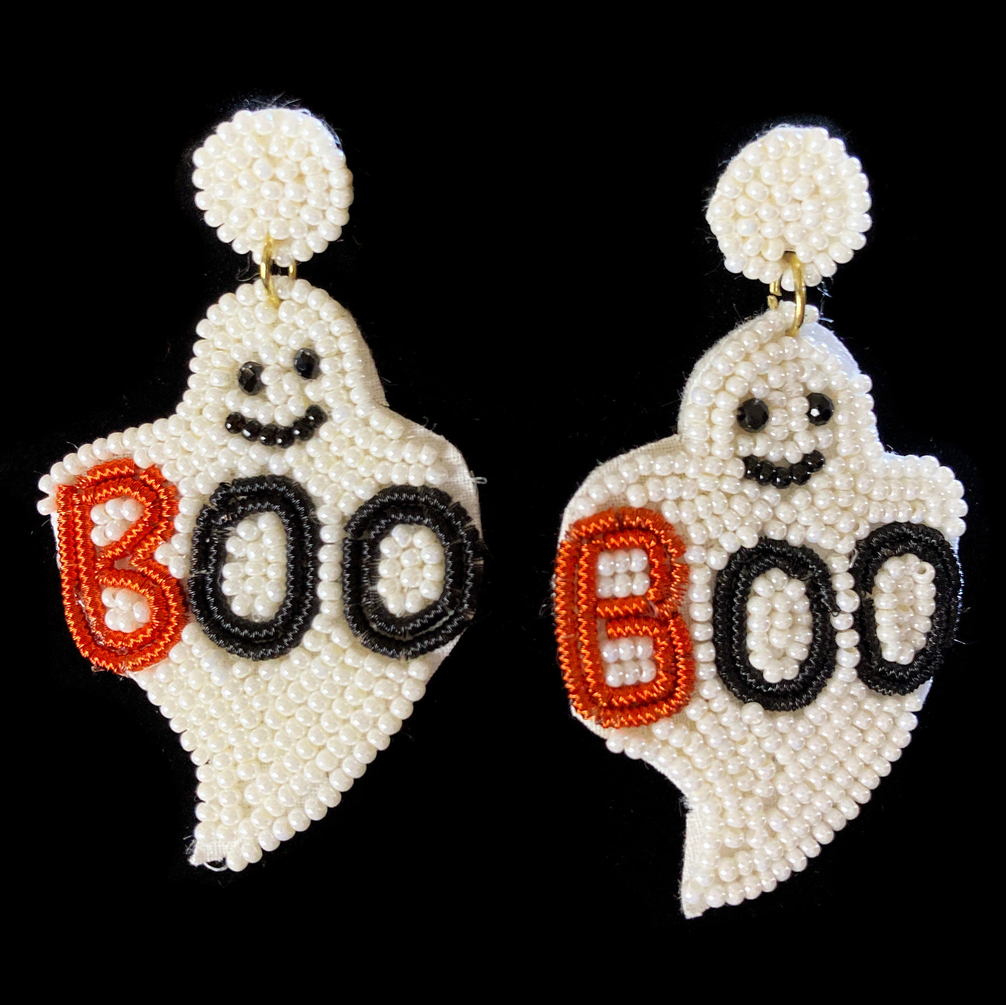 Halloween BOO Ghost White Seed Bead Post Dangle Earring