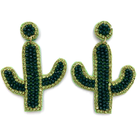 Green Cactus Rhinestone Crystal Bead Post Dangle Earring