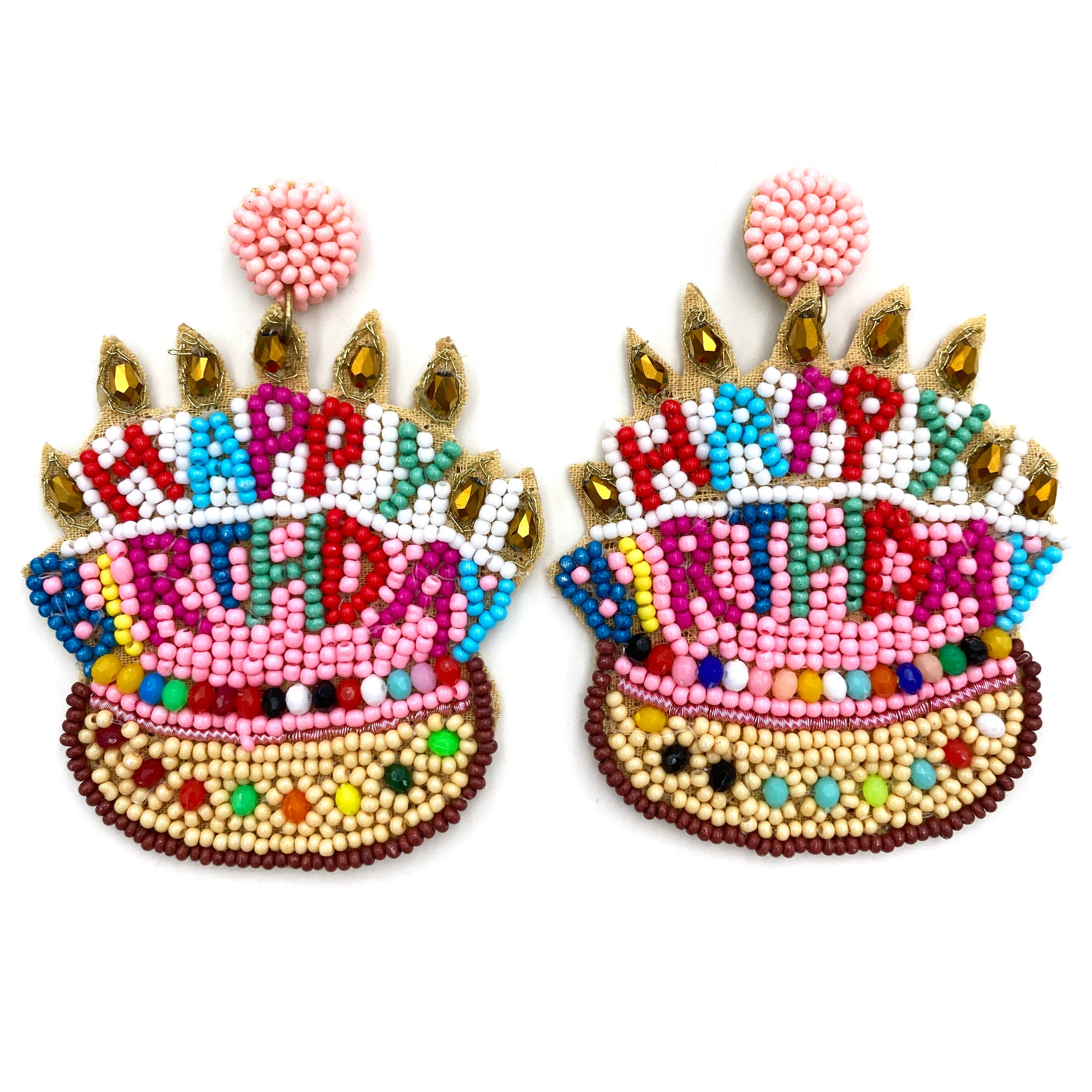 Happy Birthday Cake Seed Bead Post Dangle Earring