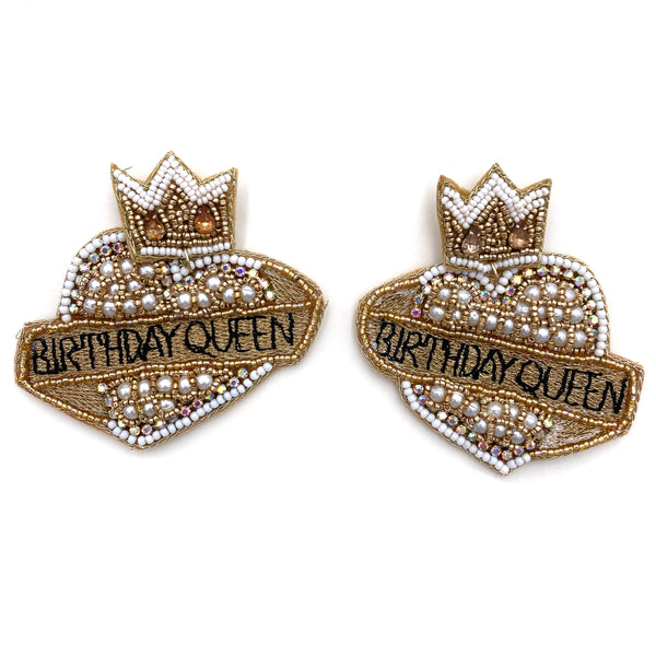 Birthday Queen Crown Gold Champagne Seed Bead Post Dangle Earring