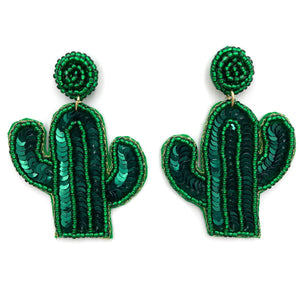 Green Cactus Sequin Seed Bead Post Dangle Earring