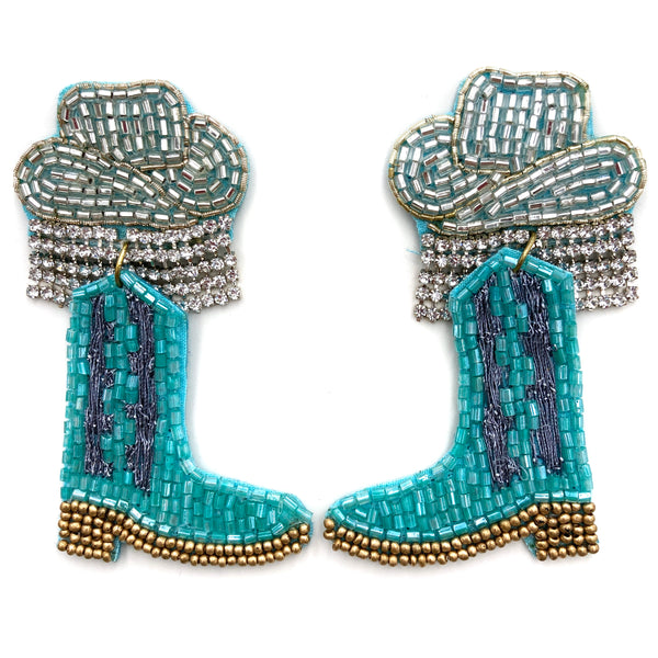 Homecoming Cowboy Hat Boots Party Rhinestone Seed Bead Post Dangle Earring