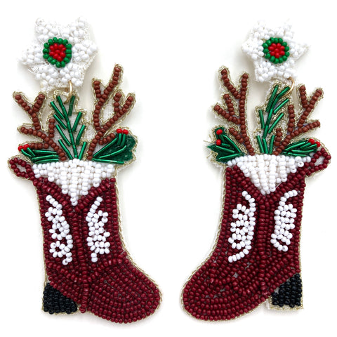 Christmas Stocking Reindeer Antler Seed Bead Post Dangle Earring