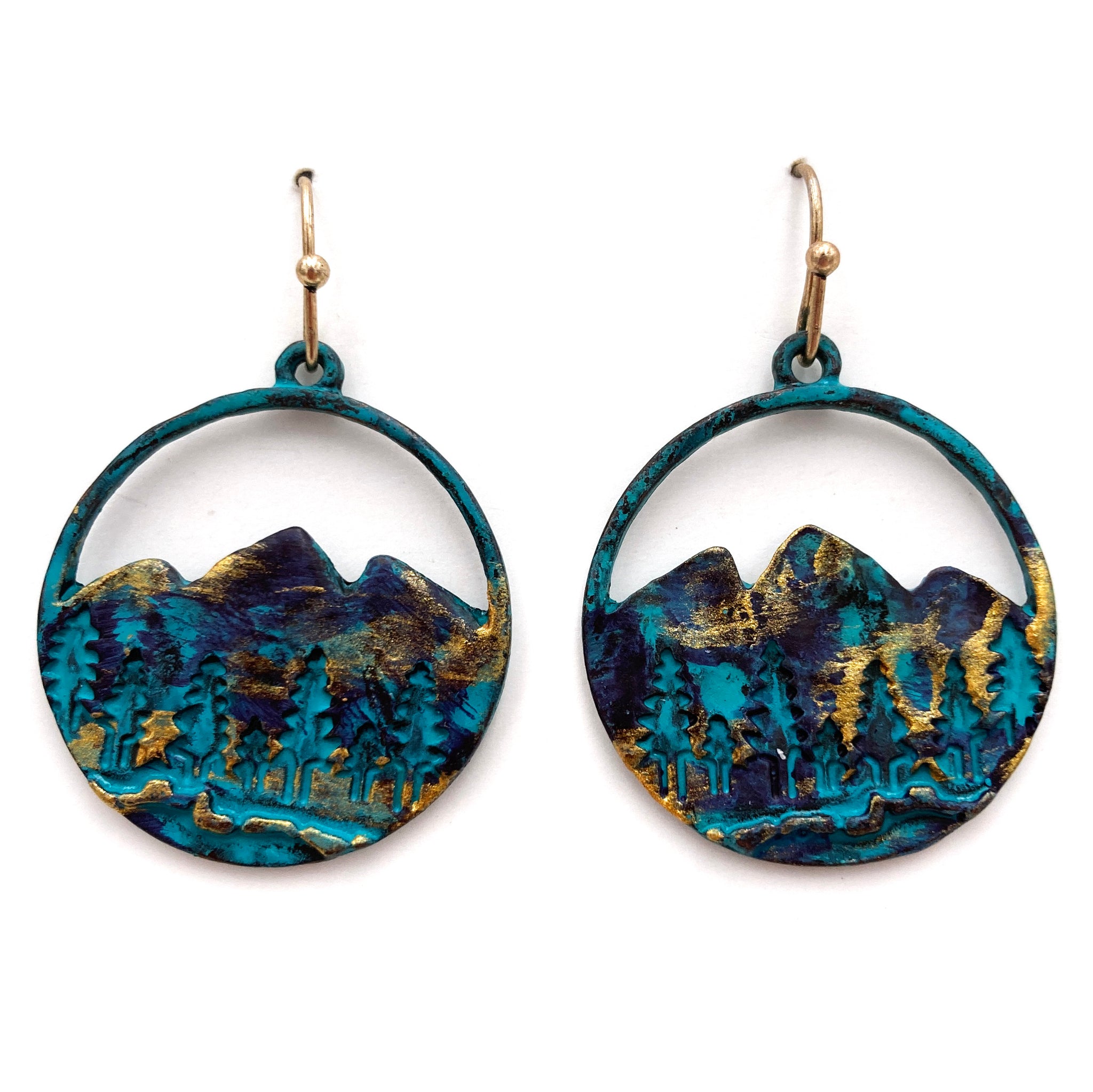 Patina Gold Wilderness Mountain Cutout Hook Dangle Earrings