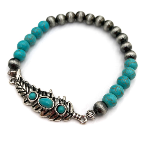 Turquoise Cat Eye Beads Native Feather Stretch Bracelet