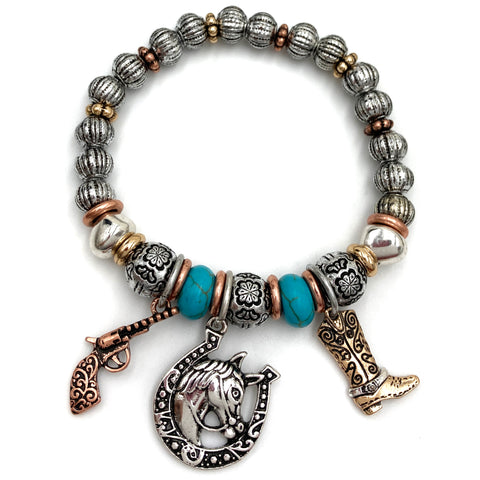 Western Horse Gun Boot Charm Stretch Bracelet