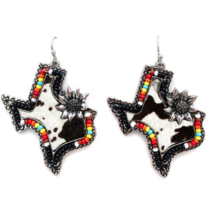 Texas Seed Bead Cowhide Print Flower Hook Dangle Earring