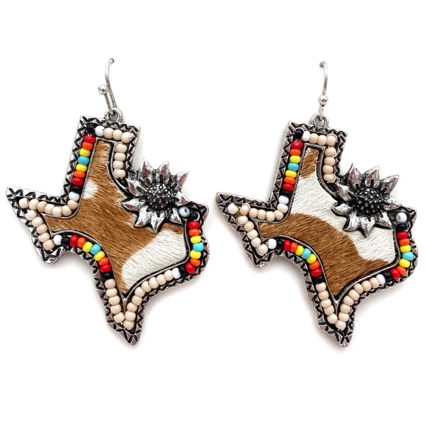 Texas Seed Bead Cowhide Print Flower Hook Dangle Earring