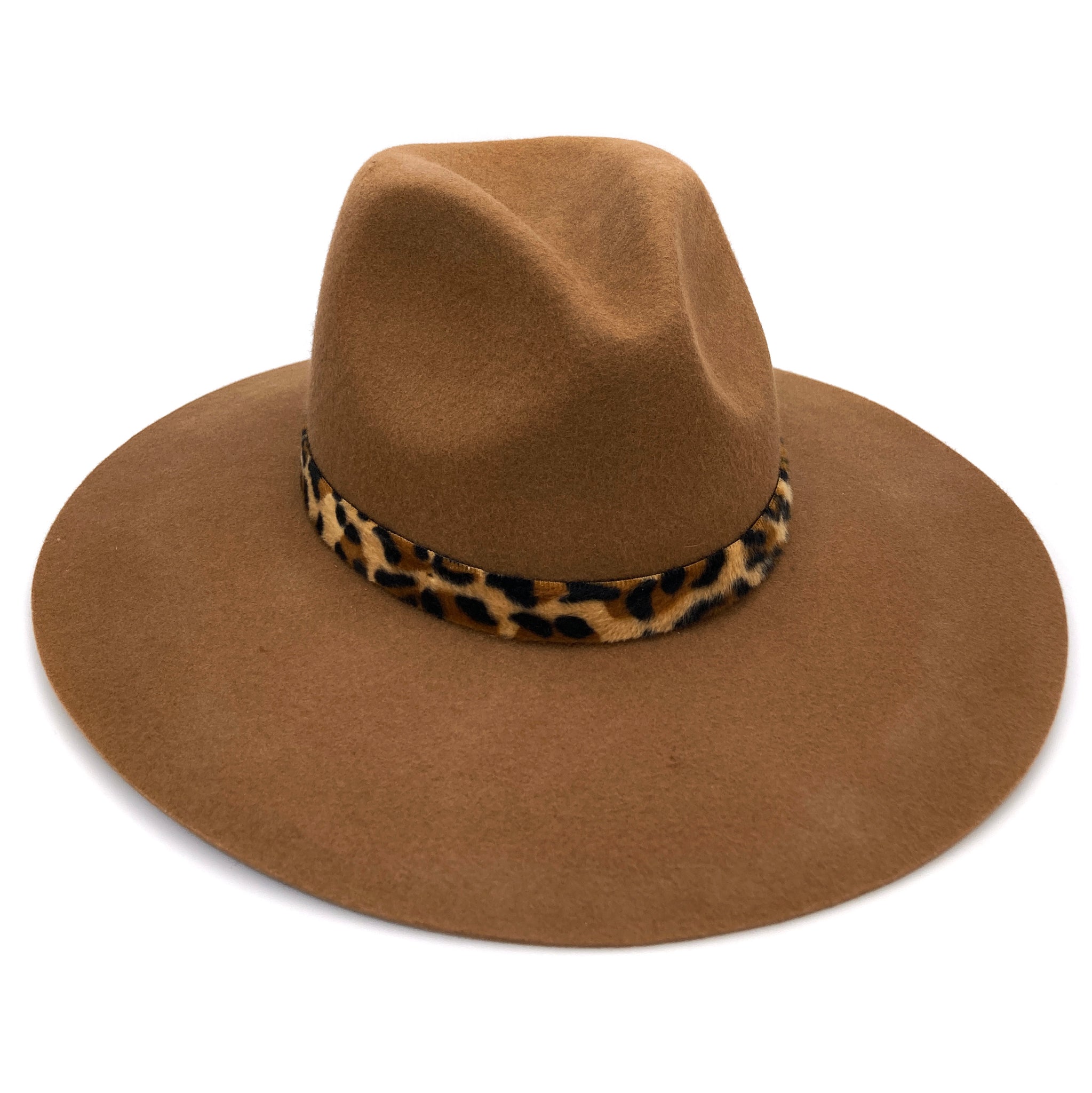 Leopard Fur Print Band Real Wool Felt Brim Hat