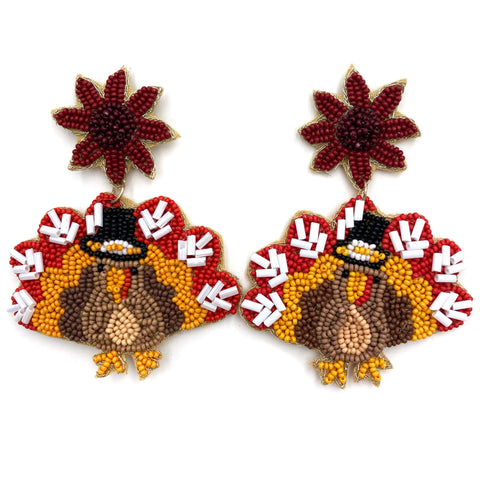 Thanksgiving Turkey Seed Bead Post Dangle Earrings